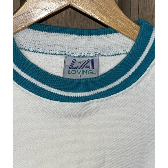Vintage 90s LA LOVING Textured Knit Crewneck Sweatshirt Men's L‎ White Teal USA - Picture 15 of 15